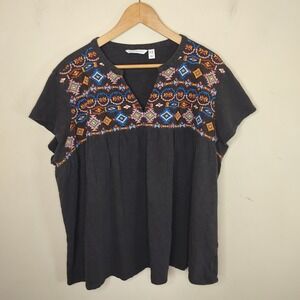 Canyon Retreat Embroidered Southwestern Top Tee Boho Slub Knit